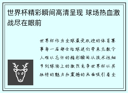 世界杯精彩瞬间高清呈现 球场热血激战尽在眼前