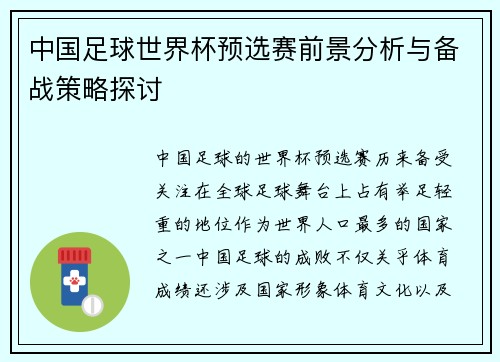 中国足球世界杯预选赛前景分析与备战策略探讨